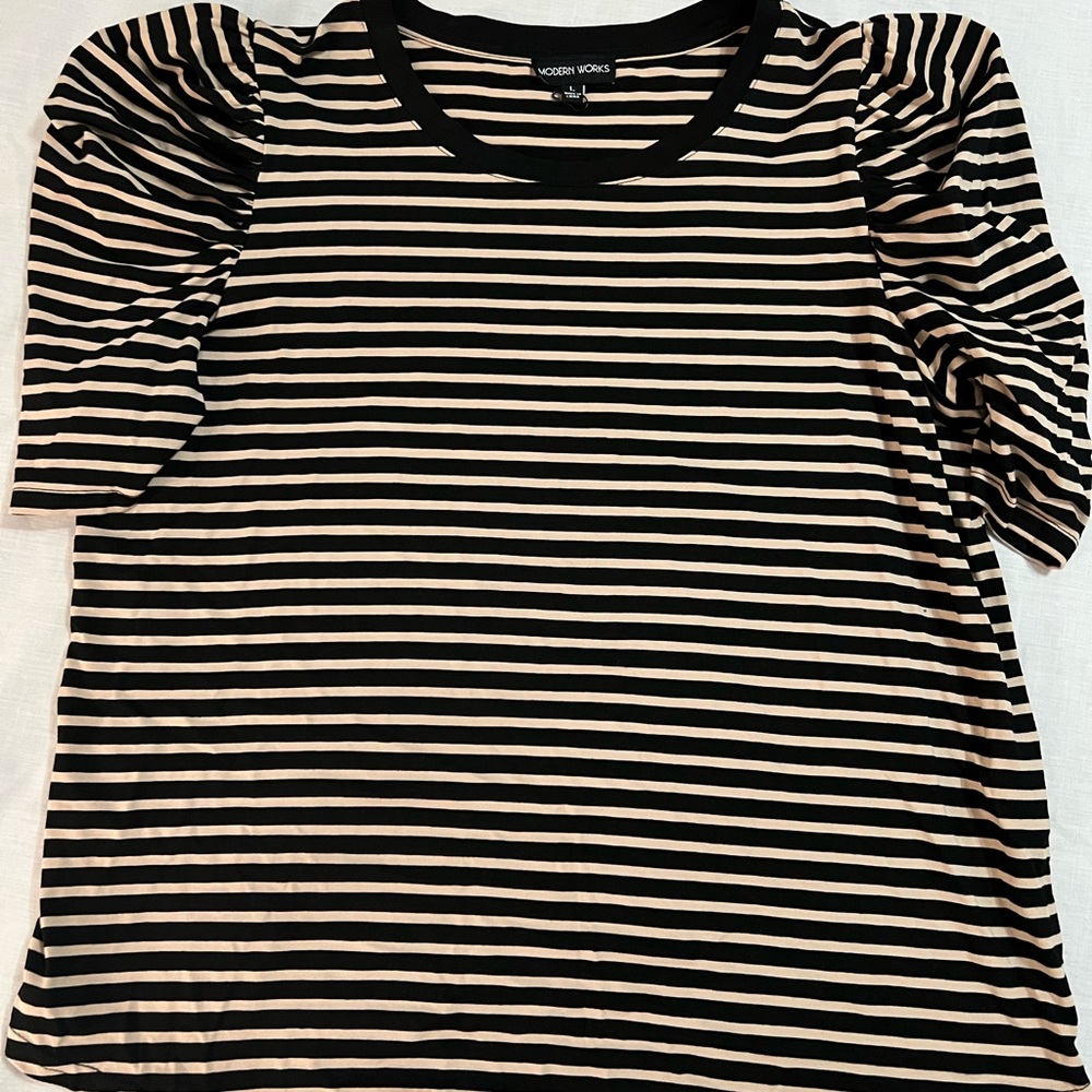 Modern Works Black and Cream Striped Puff Sleeve Top size L